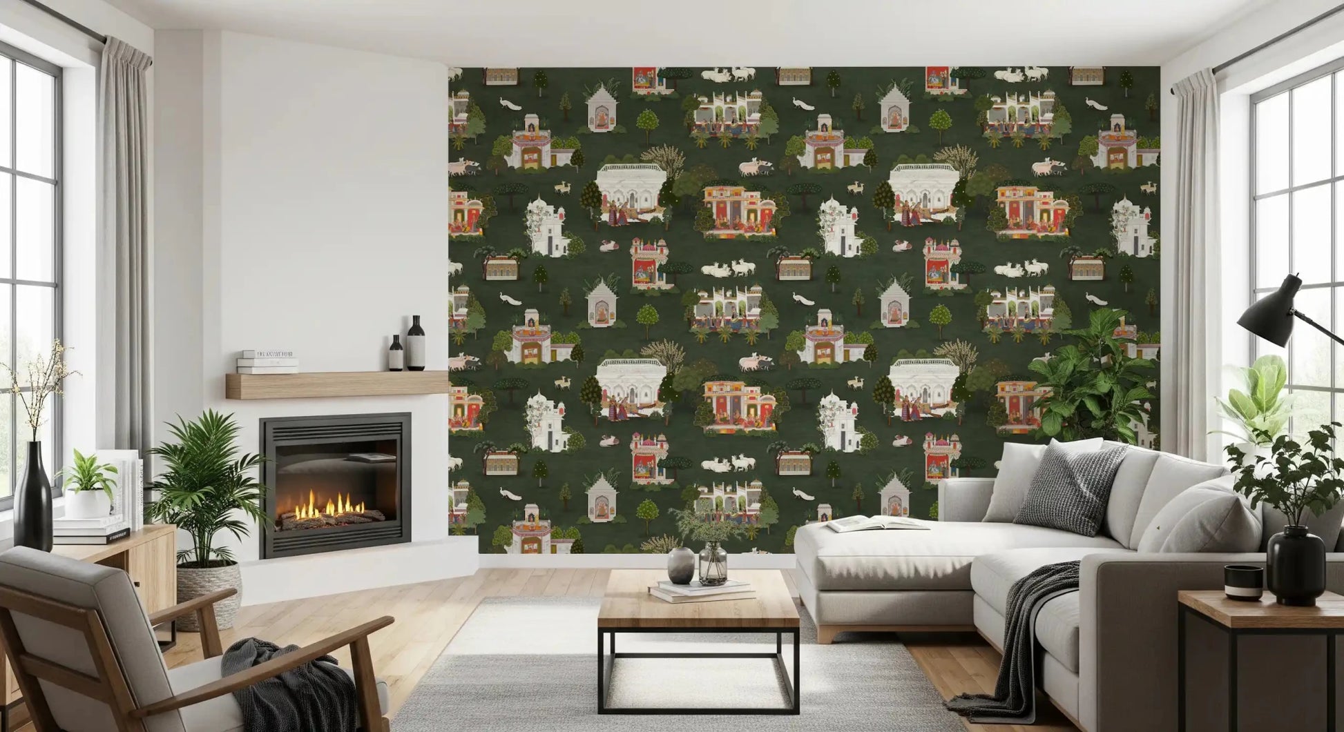 Pooja room green wall mural with sacred cows and temple artwork, GD9000