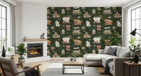 Pooja room green wall mural with sacred cows and temple artwork, GD9000