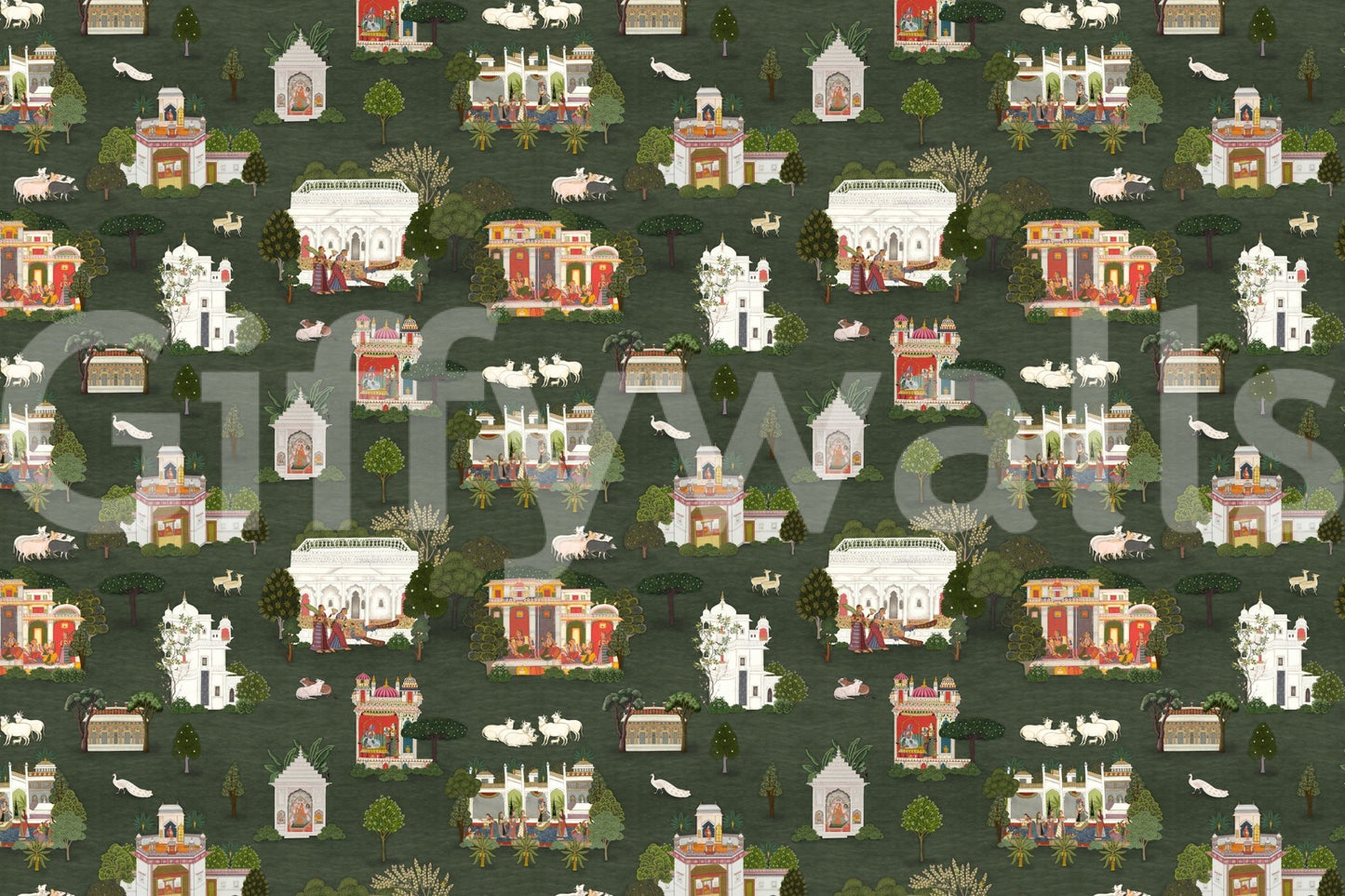 White palace motifs add contrast to Mughal Dreams wall mural art, GD9000