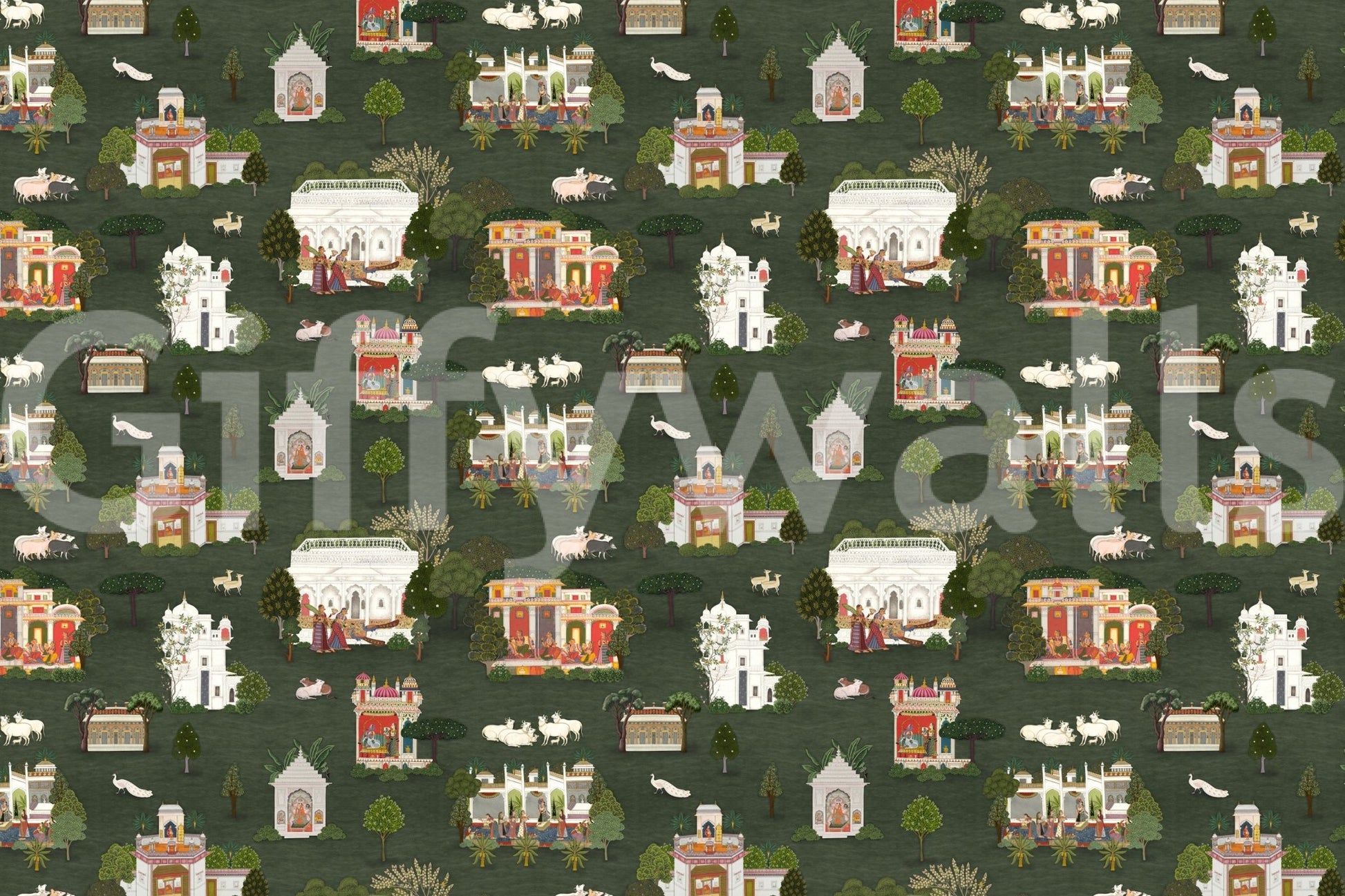 White palace motifs add contrast to Mughal Dreams wall mural art, GD9000