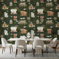 Palace wall mural with white buildings, trees, peacocks, and cows, GD9000