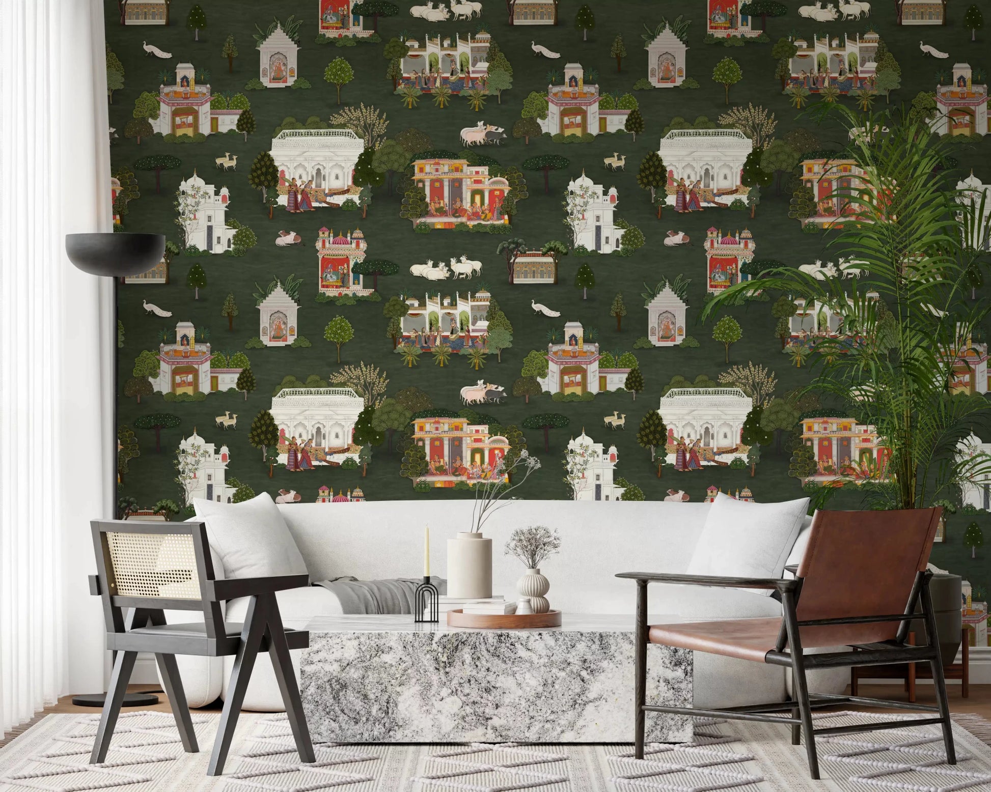 Office home palace dreams mural with temples, trees, and heritage details, GD9000