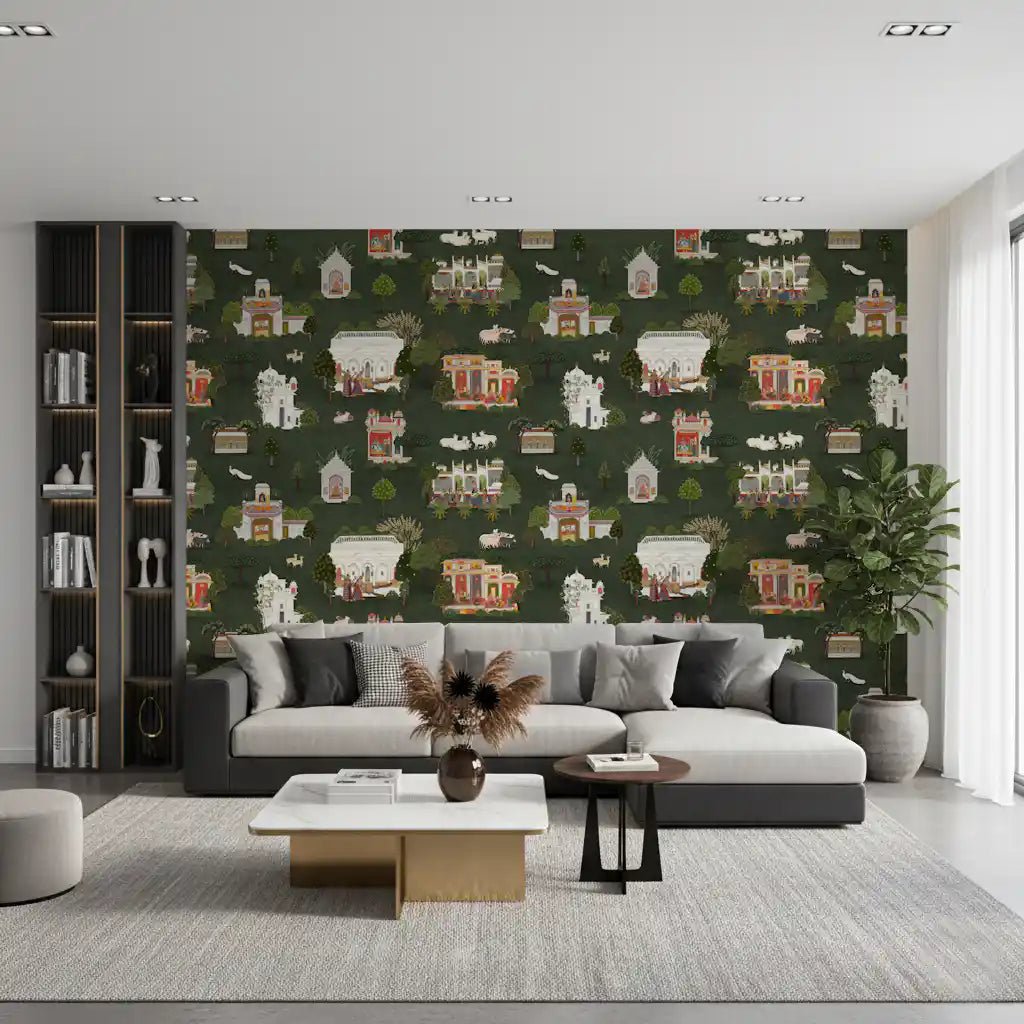 Small Mughal scenes repeat across this heritage wall mural design, GD9000