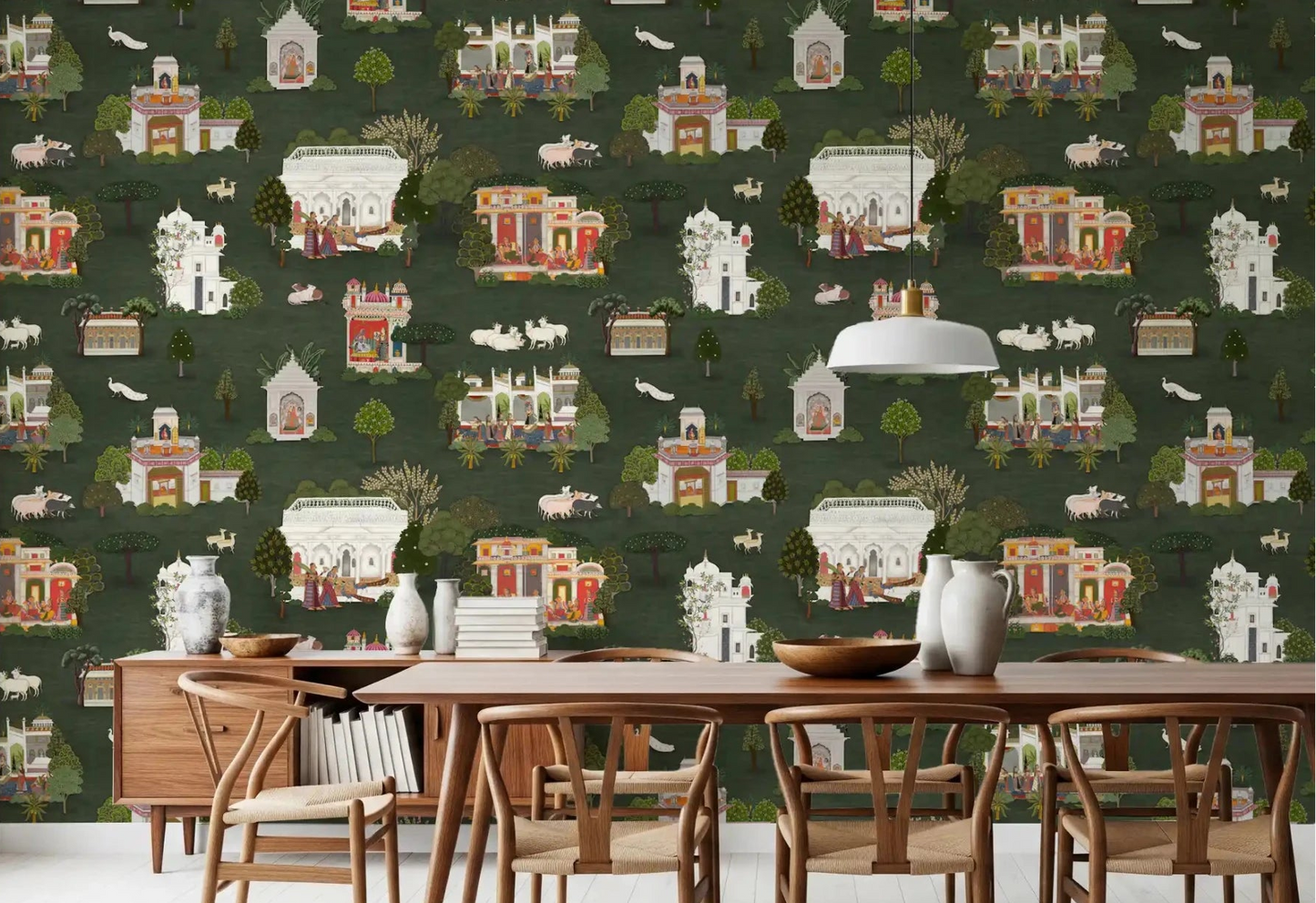Dining room Mughal Palace Dreams Wall Mural with dark green pattern, GD9000