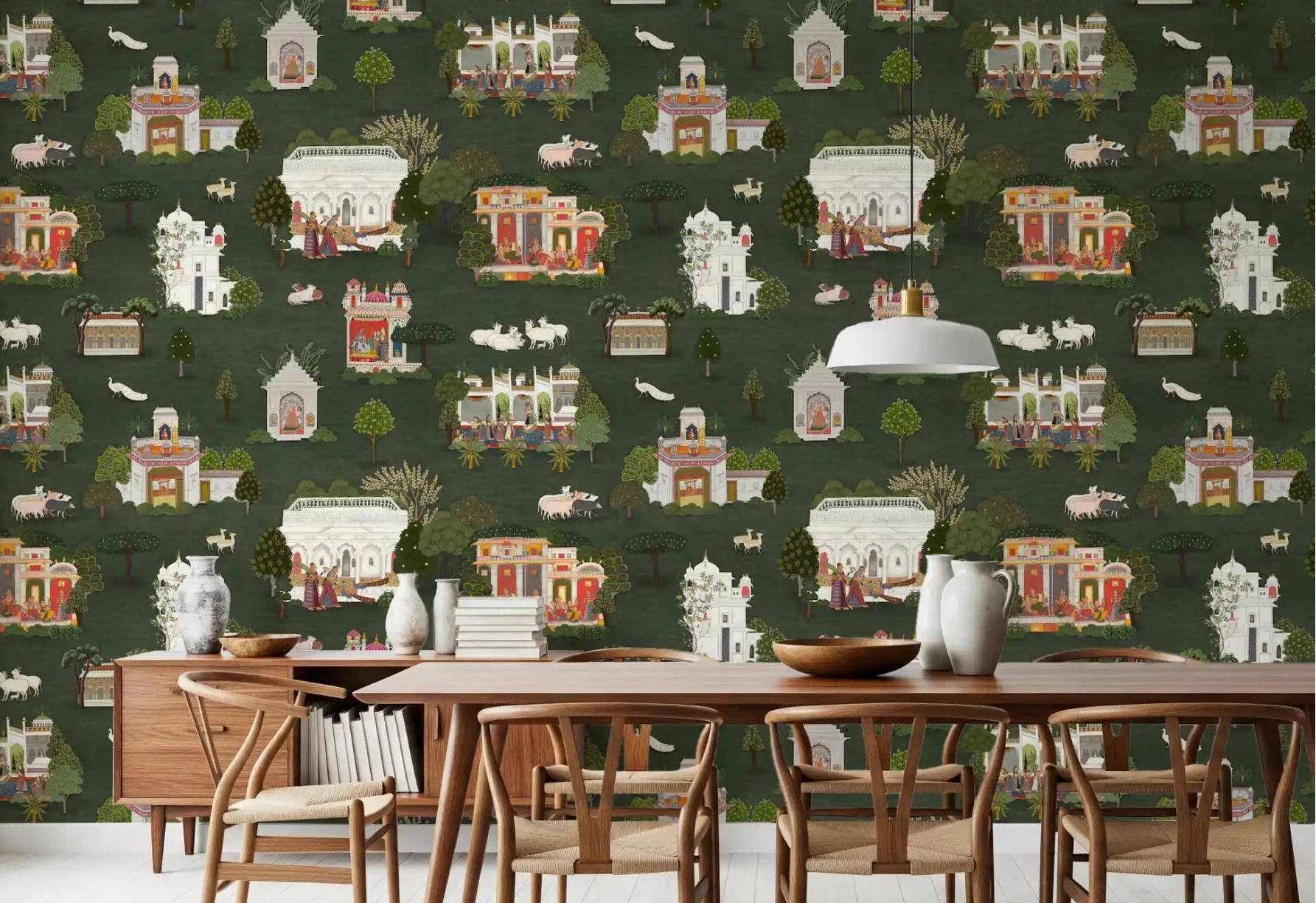 Dining room Mughal Palace Dreams Wall Mural with dark green pattern, GD9000