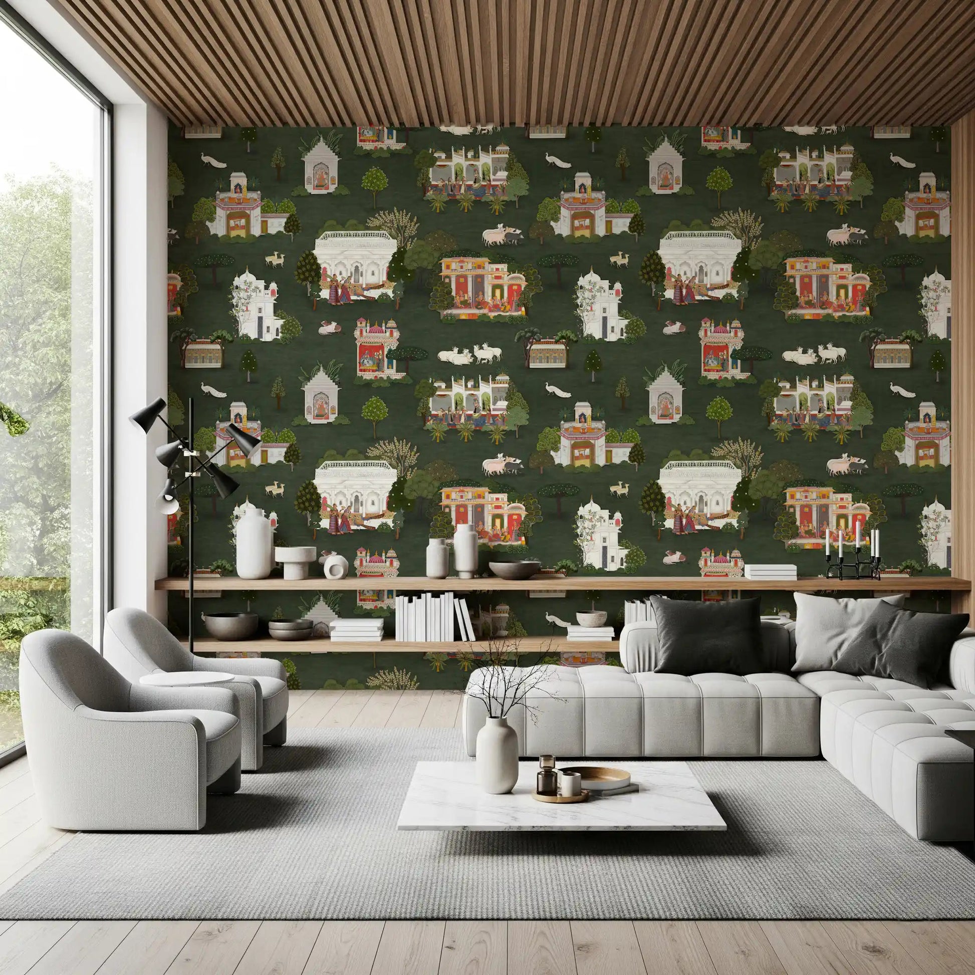 Indian wall mural with garden buildings, animals, and dark green tone, GD9000