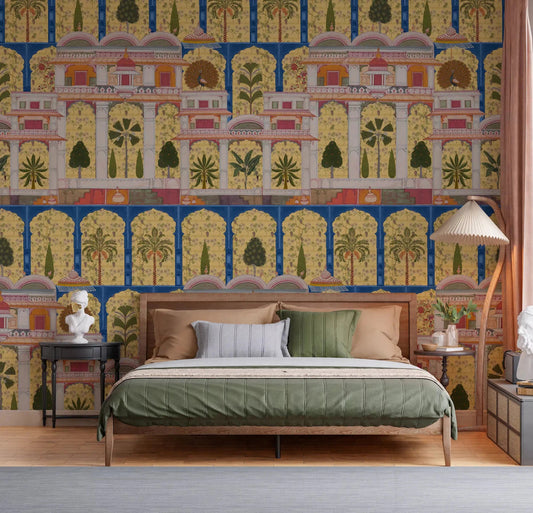 Traditional palace arches on a cozy bedroom wall mural design.