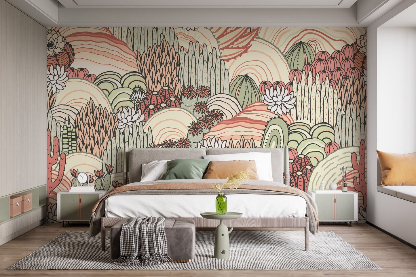 Botanical cactus mural with subtle hues A969