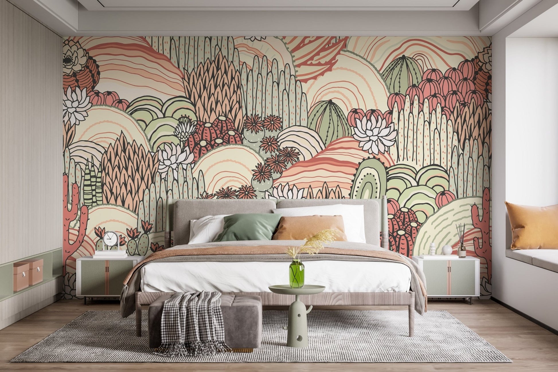 Botanical cactus mural with subtle hues A969