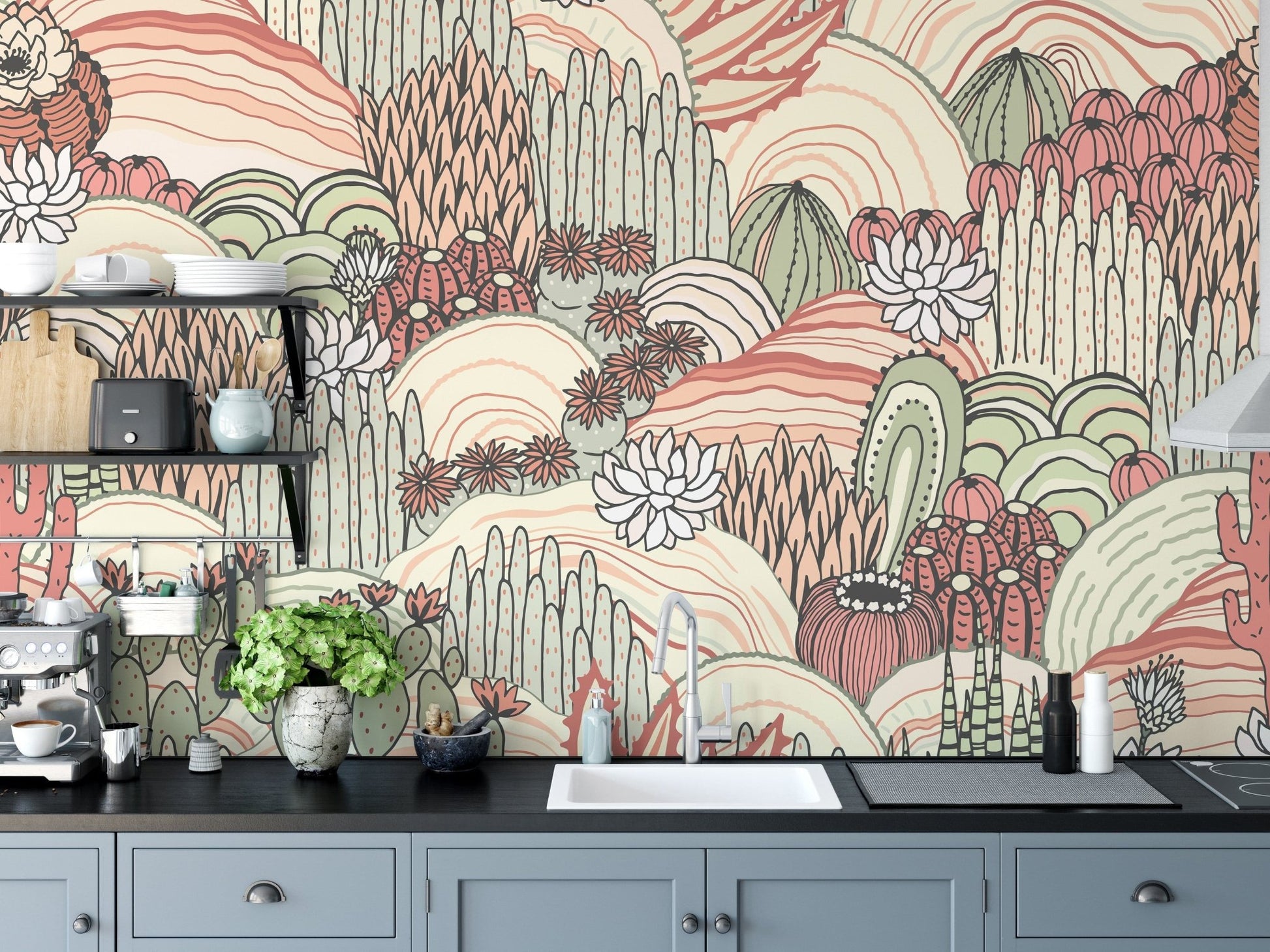 Abstract cactus and succulent mural A969