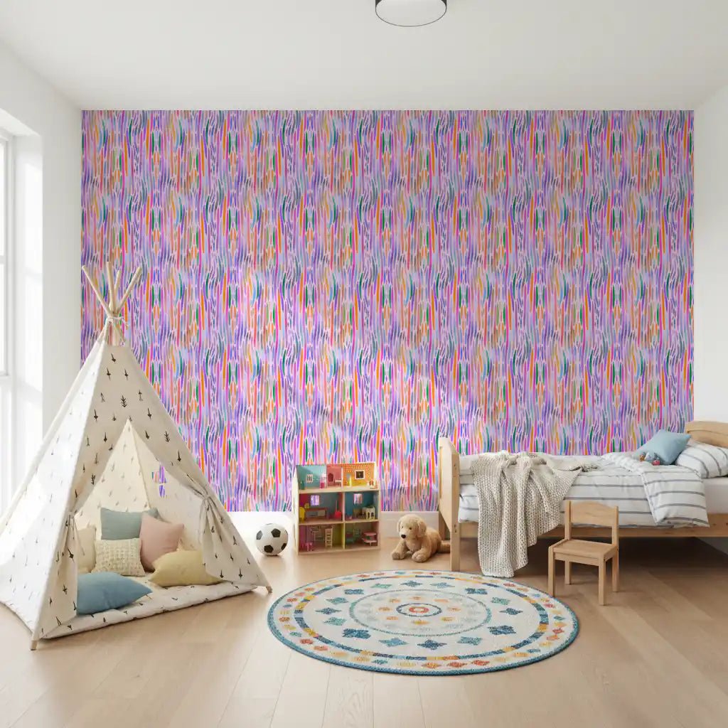 Kids bedroom feels playful with this Chromatic Flow rainbow streak wallpaper.GD9525