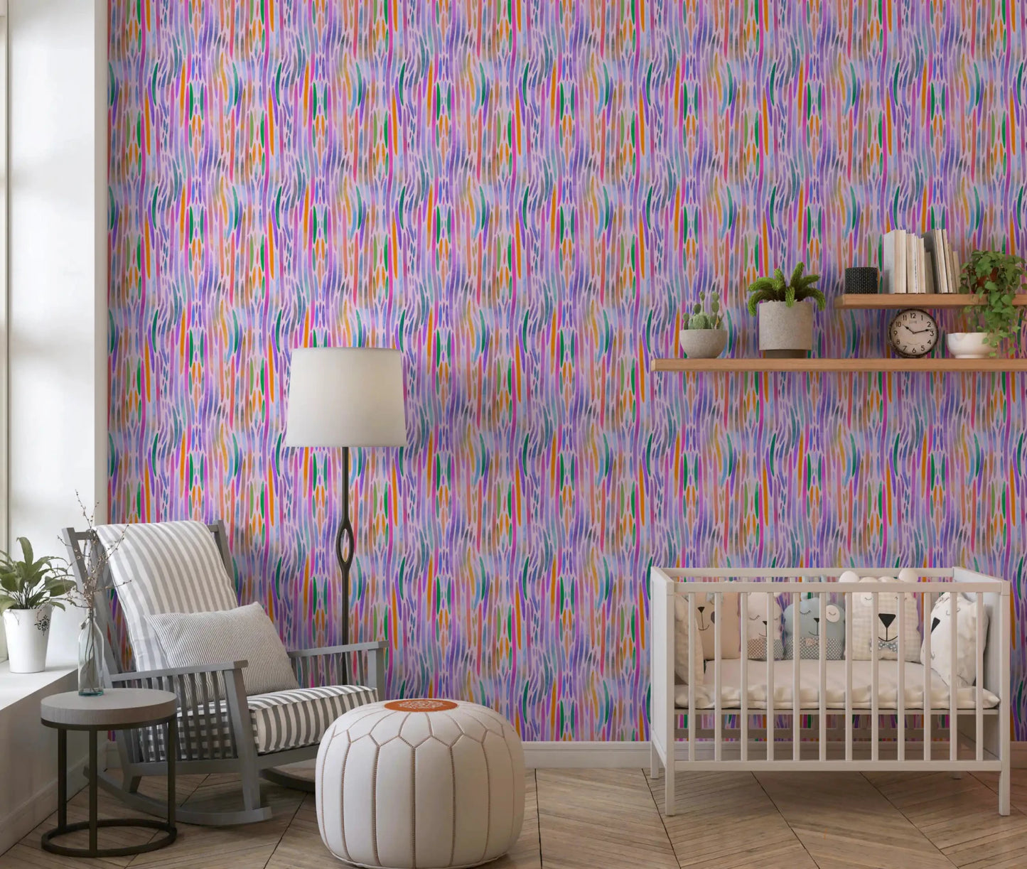 Painterly strokes drift unevenly across the Chromatic Flow rainbow pattern wallpaper.GD9525