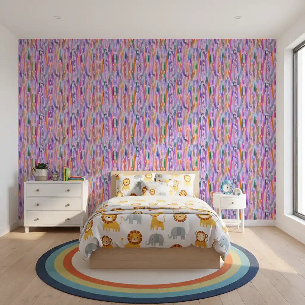 Soft pastel pink sits behind bright vertical lines on this Chromatic Flow wallpaper.GD9525