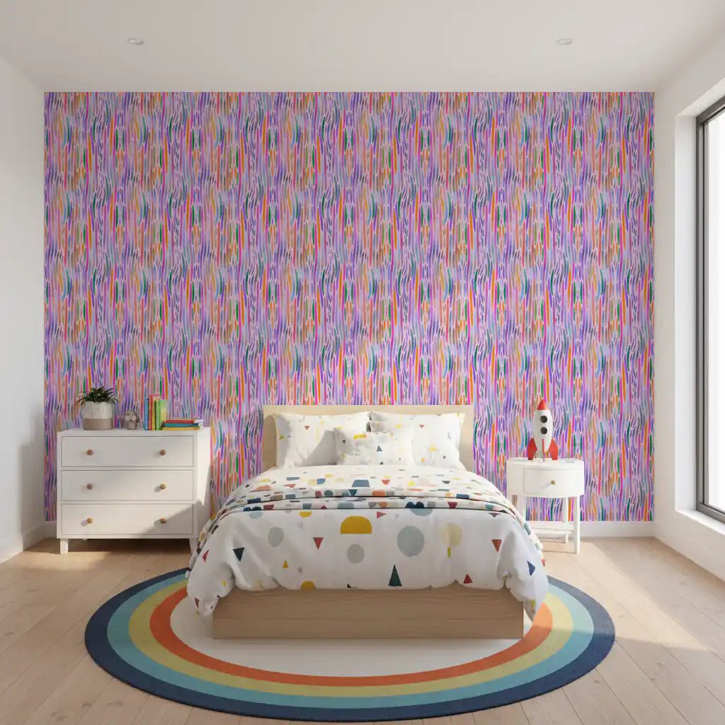 kids Bedroom space lifts softly through this multicolor Chromatic Flow wallpaper backdrop.GD9525