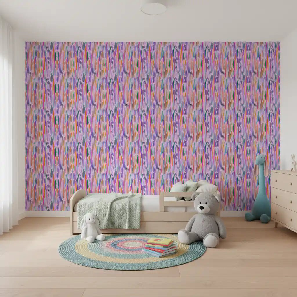 Chromatic Flow rainbow wallpaper fills the kids room with vertical colour motion.⁠GD9525