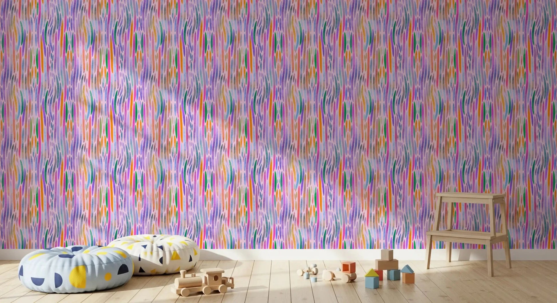 Thin curved branches break off the streaks in this Chromatic Flow rainbow wallpaper.GD9525