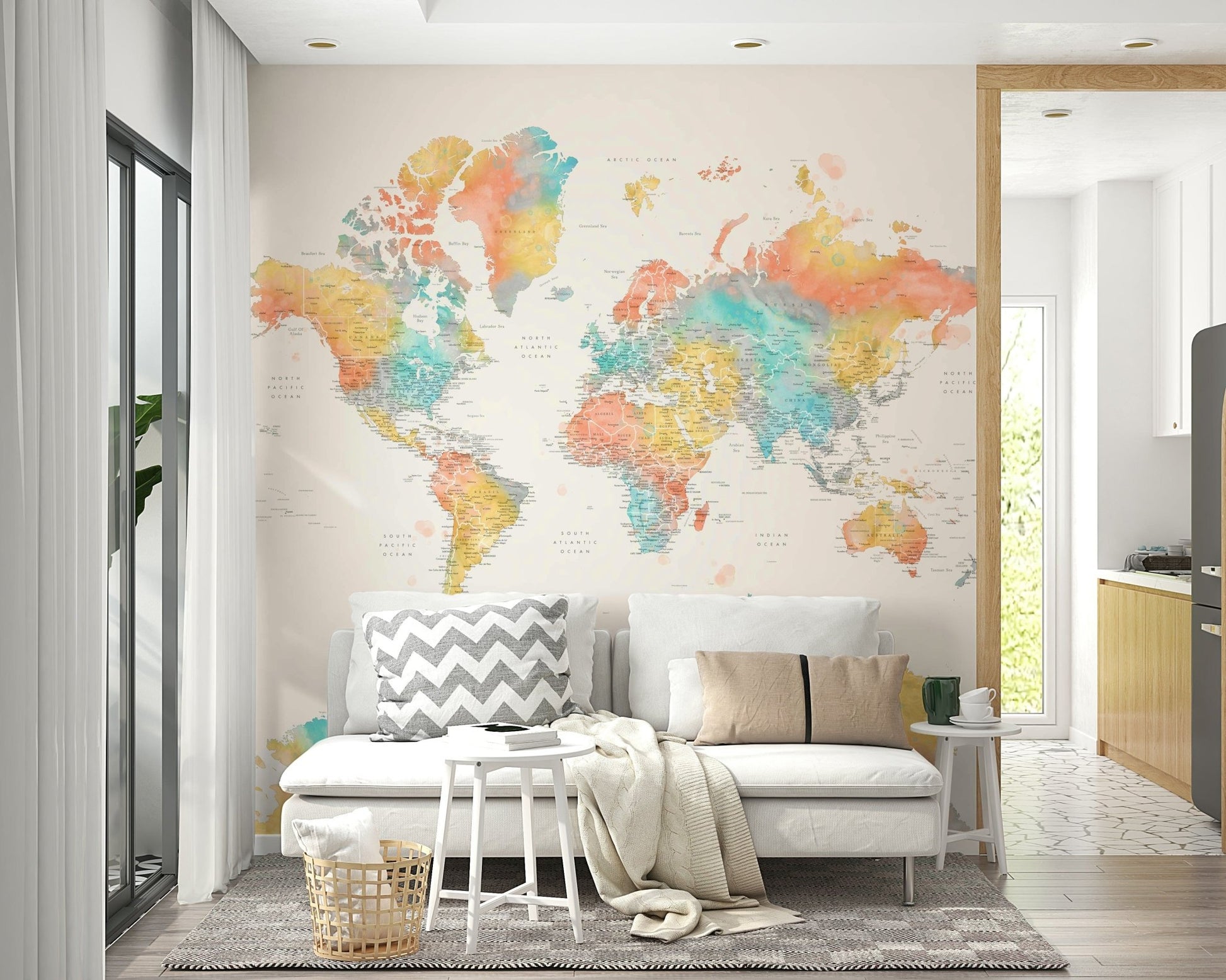 Watercolor map wallpaper in bright hues

