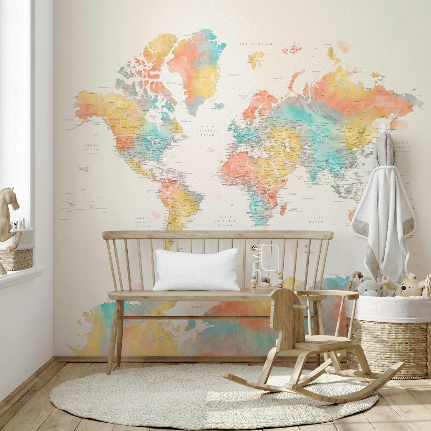 Watercolor world map for home walls

