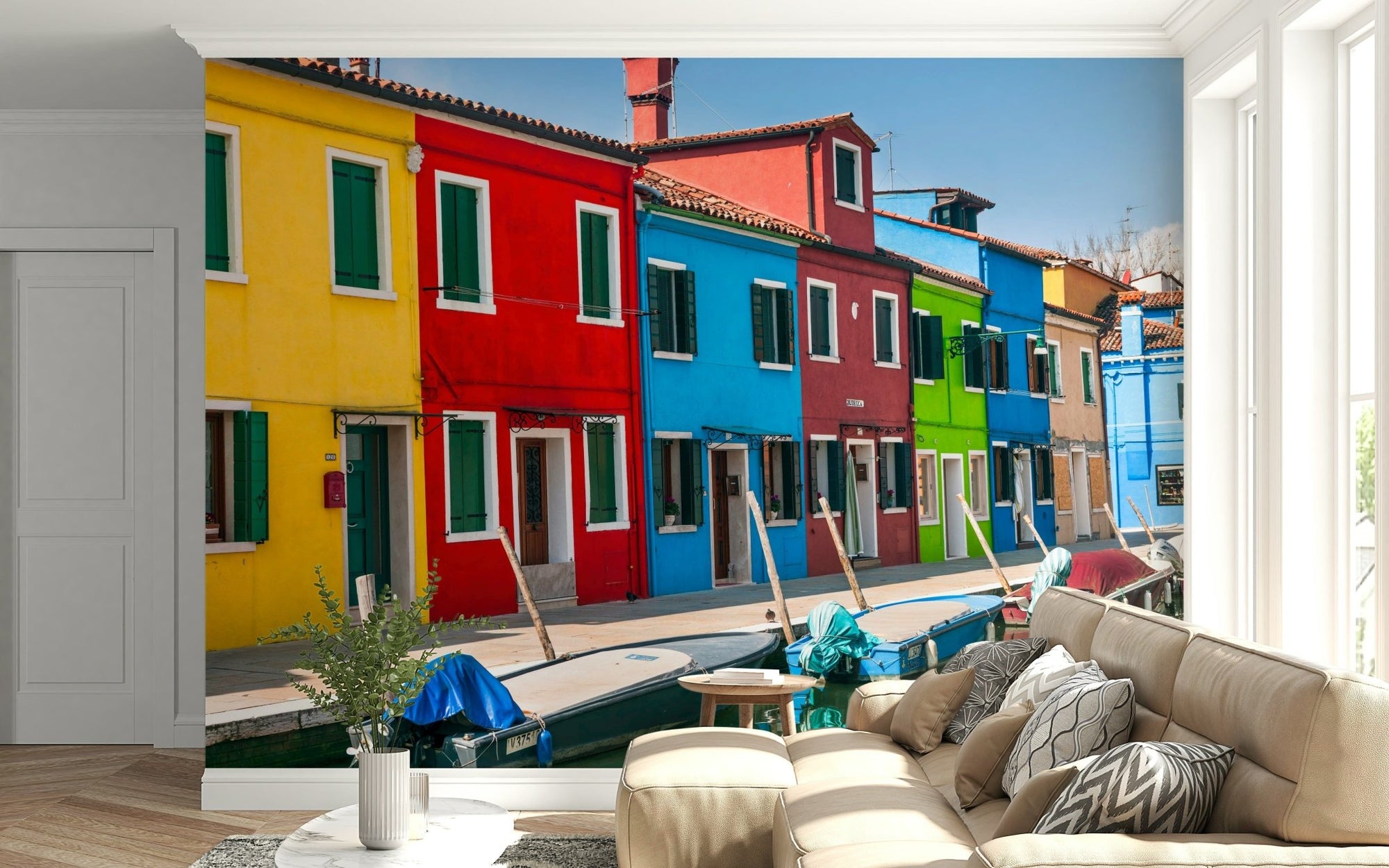 Multicolored Burano Wall Mural with bright painted houses and narrow canals, GD6826