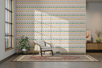 Close-up of multicolored woven check pattern wallpaper

