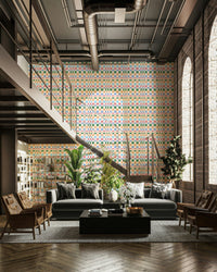 Living room wall with colorful woven jungle wallpaper

