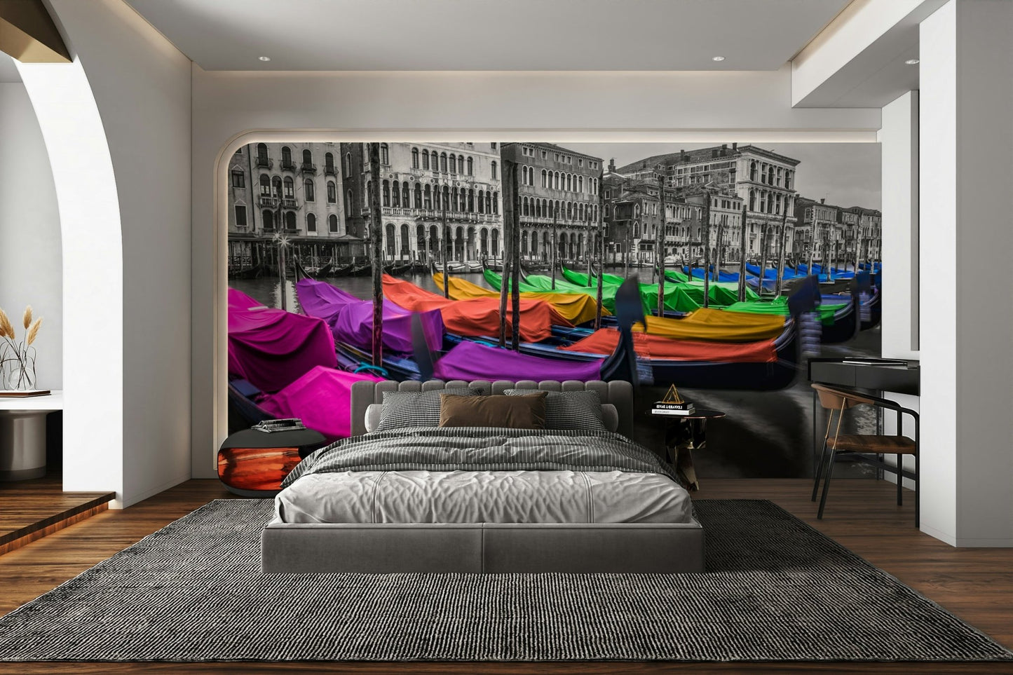 Colorful cloth-covered gondolas along the Venice canals

