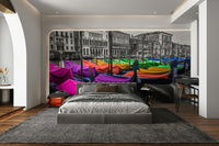 Colorful cloth-covered gondolas along the Venice canals

