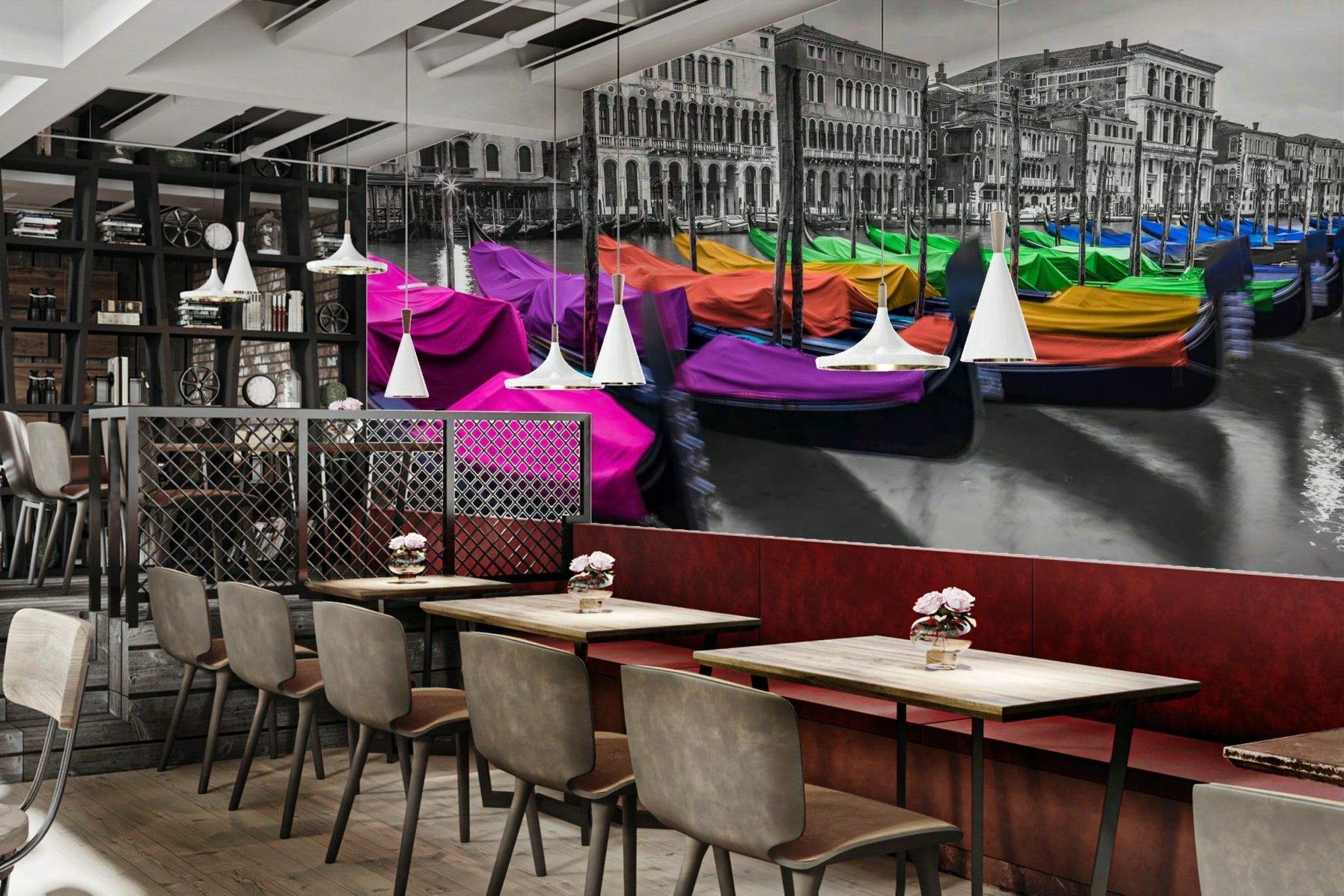 Multicolored Venice Wall Mural with vibrant gondolas, GD2320