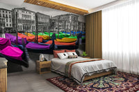 Detailed mural of Venice’s iconic gondolas in bold colors

