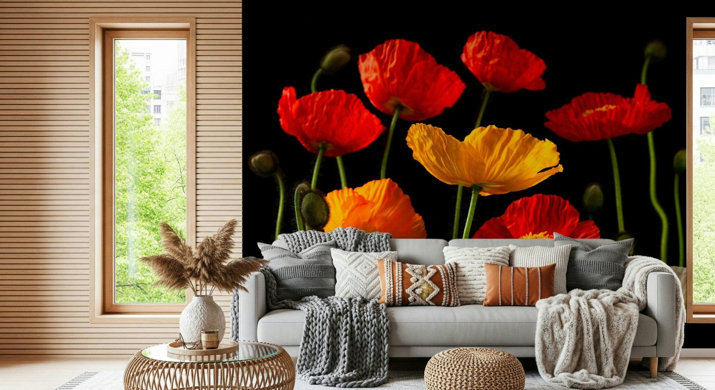 Multicoloured Poppies Wall Mural featuring large, colourful, blooming flowers.