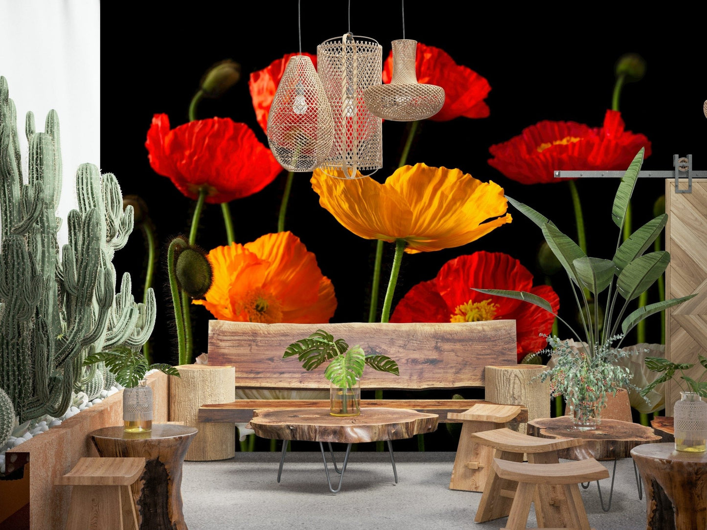 Elegant poppies on a dark background, colorful wallcovering print.