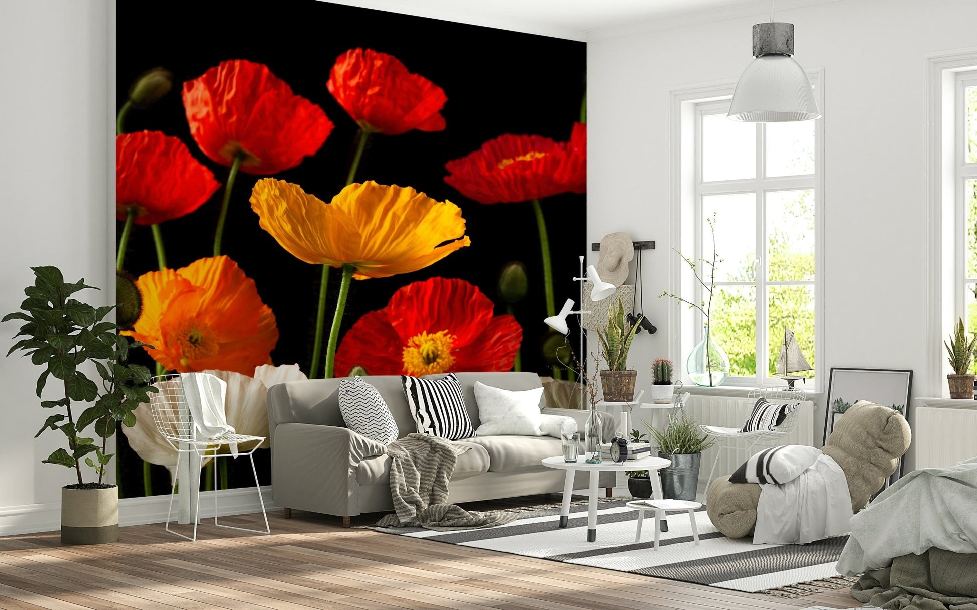 Vivid Multicoloured Poppies Wall Mural design, gorgeous red blooms.
