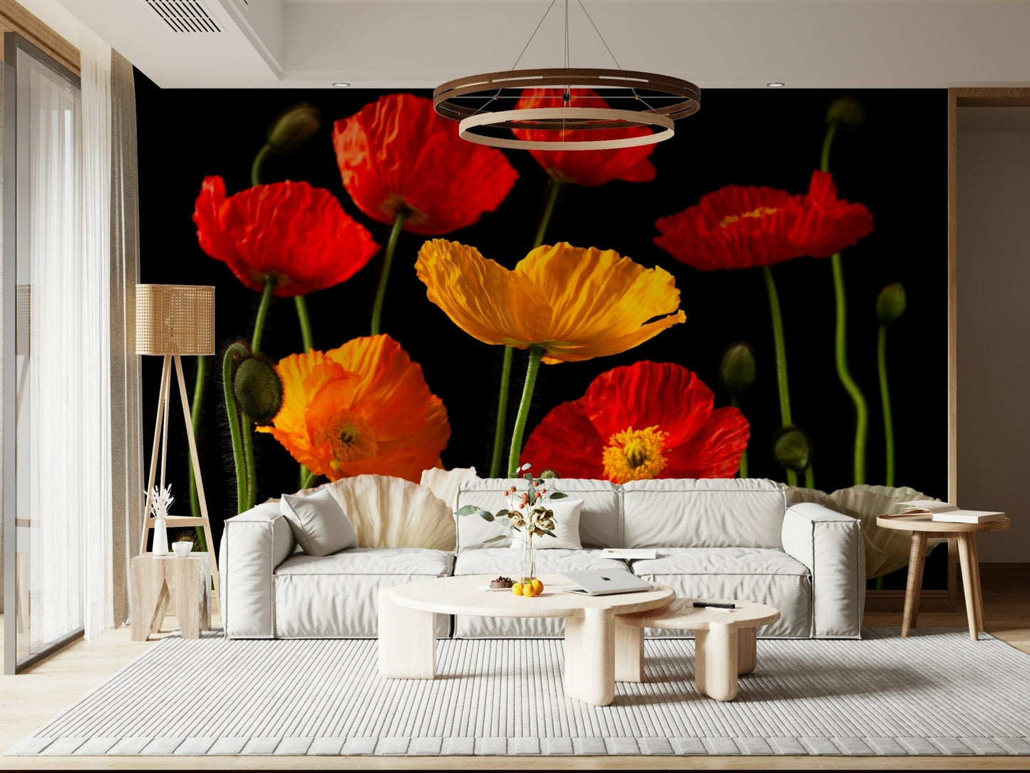 Stylish wallpaper for walls, dynamic poppy flower arrangement print.