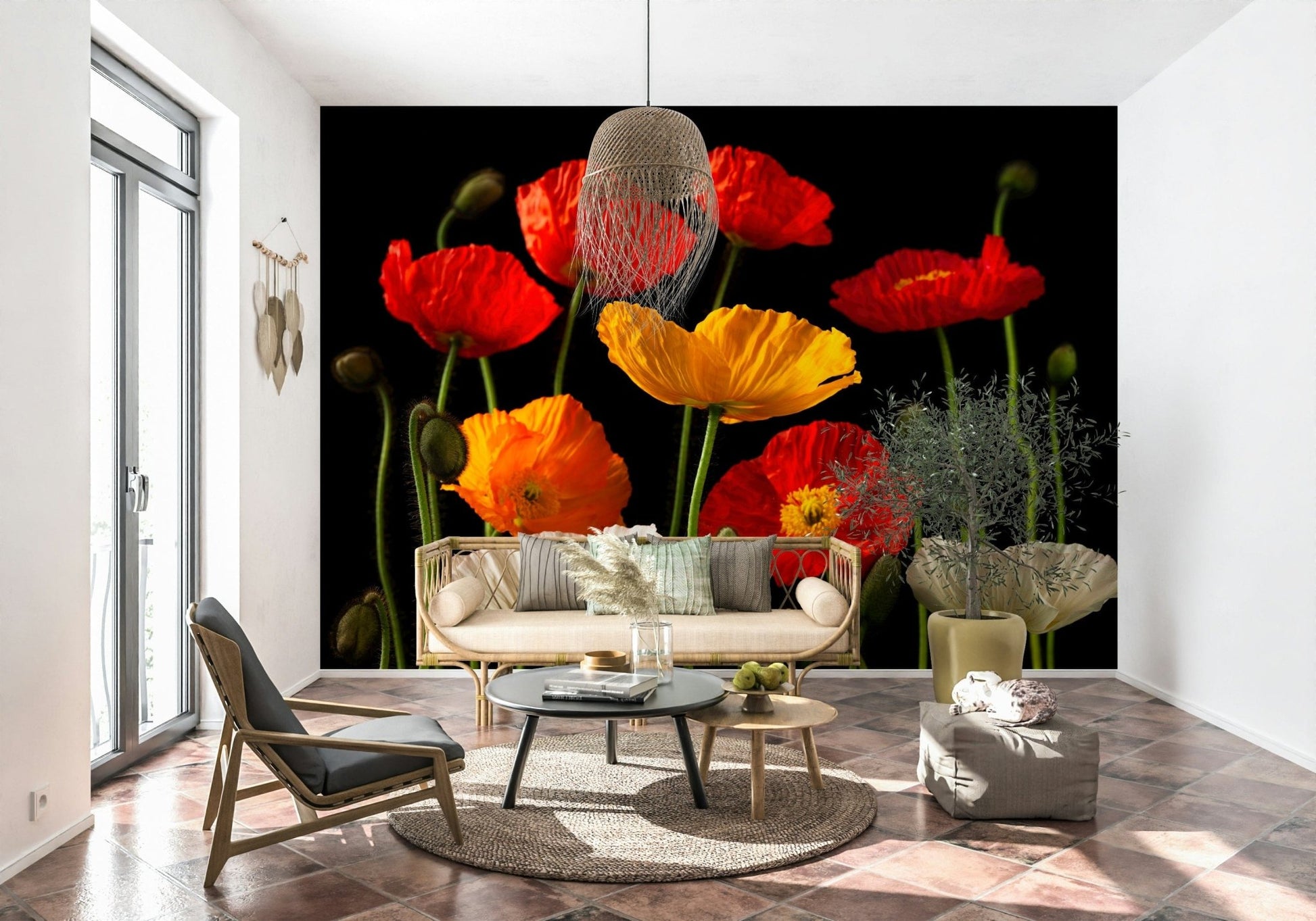 Bold poppy flowers wall mural on black, perfect vibrant room decor.