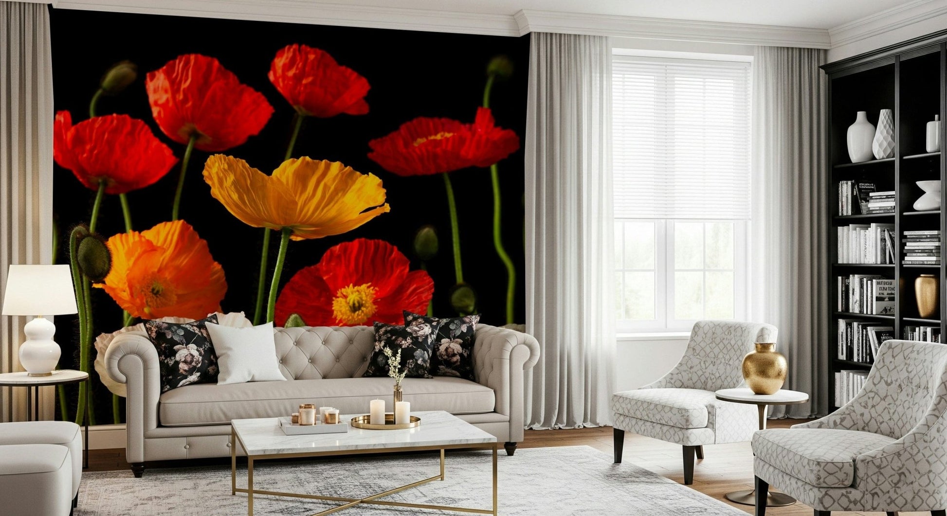 Bright floral wall mural with diverse poppy colors, beautiful art.