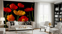 Bright floral wall mural with diverse poppy colors, beautiful art.