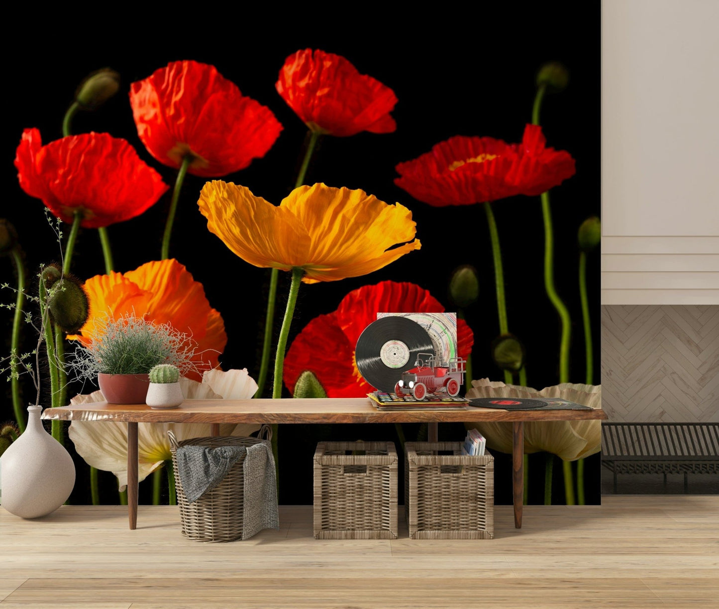 Uplifting red and yellow Poppies Wall Mural for chic interior decor.
