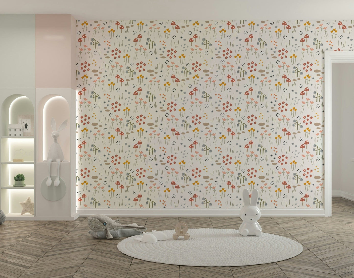 Red toadstools and floral artwork

