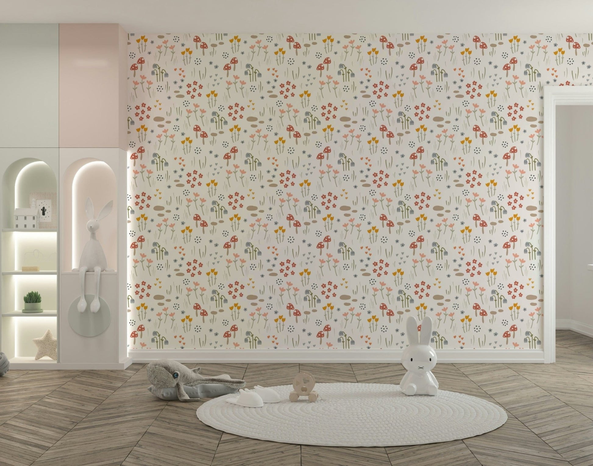 Red toadstools and floral artwork

