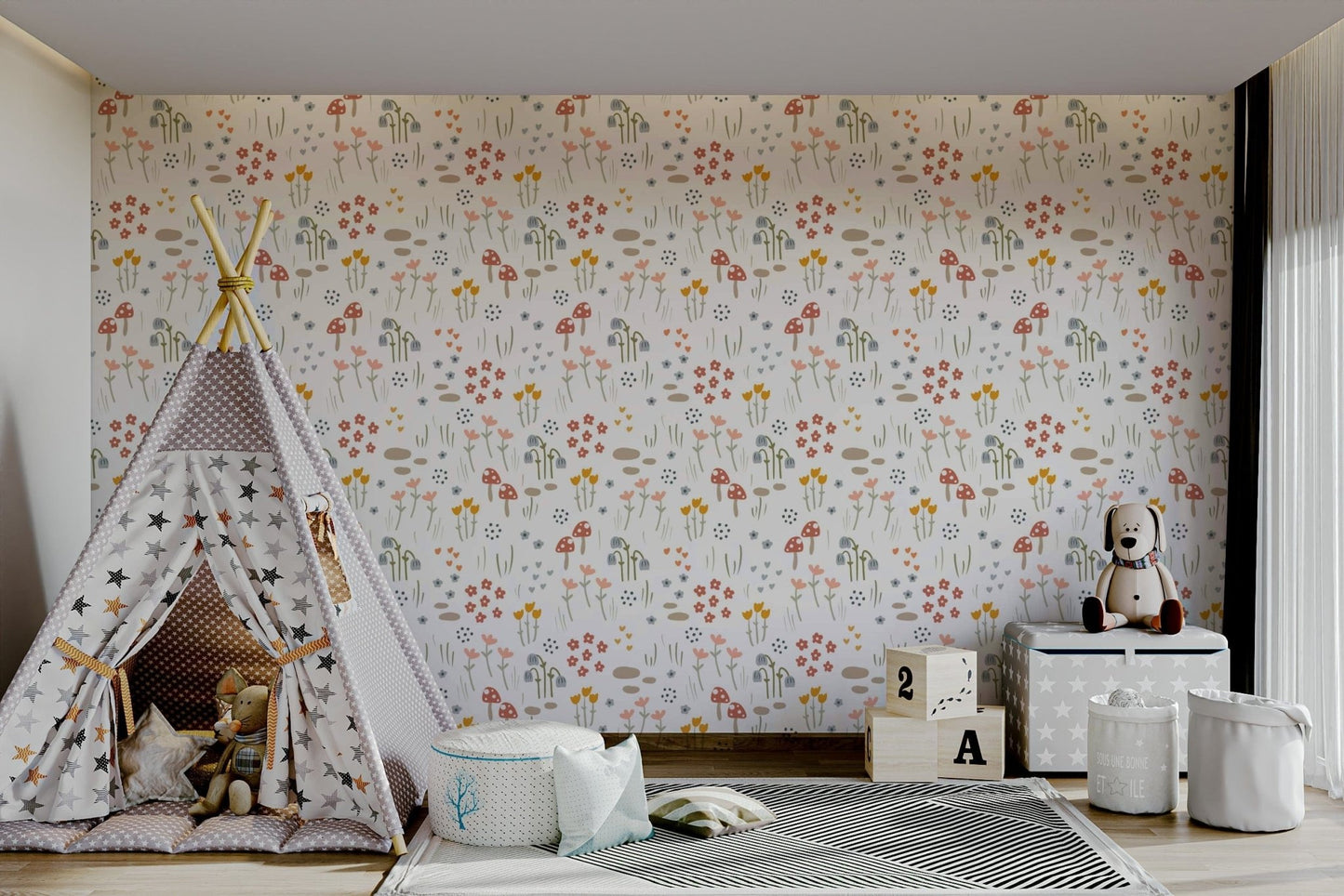 Fungi and flowers kids wall mural

