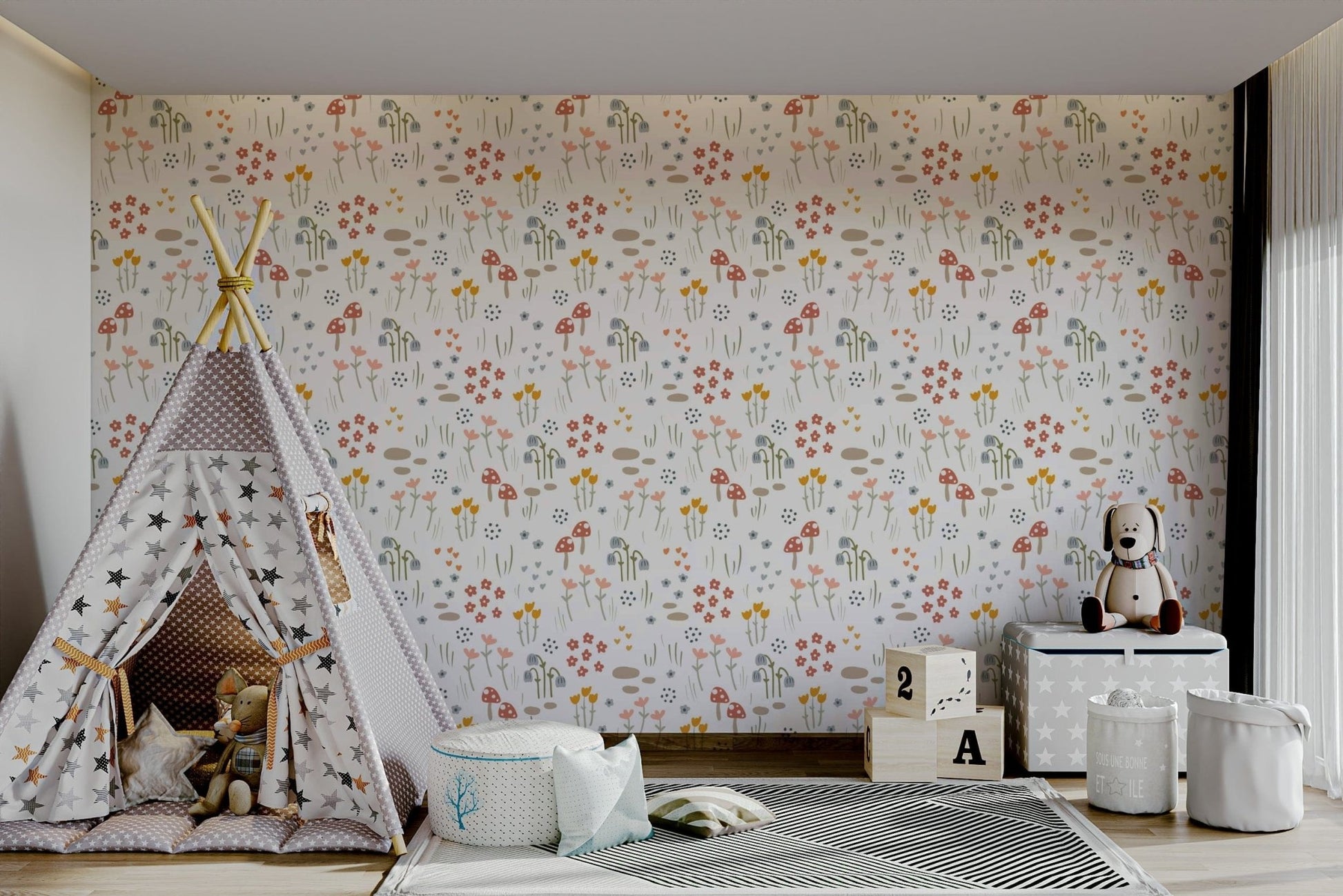 Fungi and flowers kids wall mural

