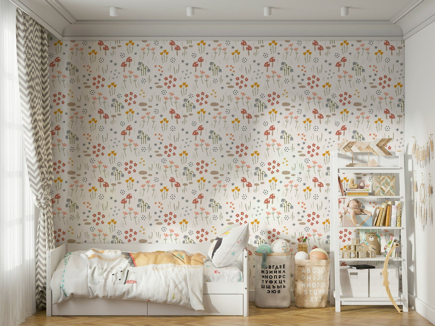 Soft pastel floral mushroom print

