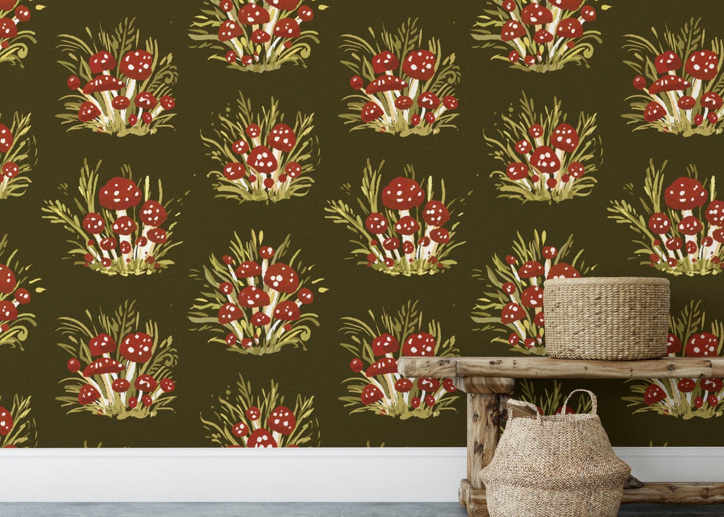 Stylish mushroom millefleurs dark wallpaper for rustic chic spaces. RNM67
