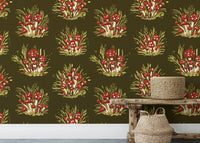 Stylish mushroom millefleurs dark wallpaper for rustic chic spaces. RNM67

