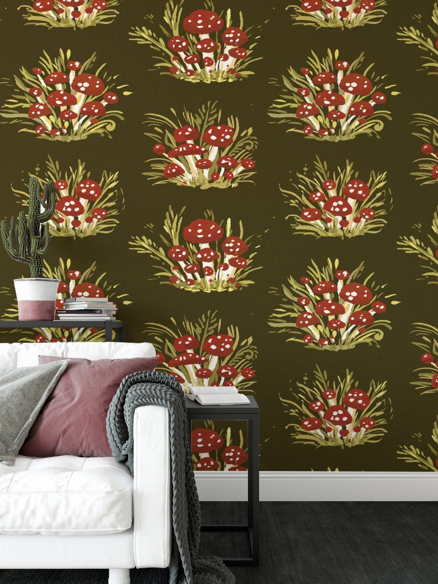 Nature-inspired millefleurs wallpaper with mushrooms in dark tones. RNM67
