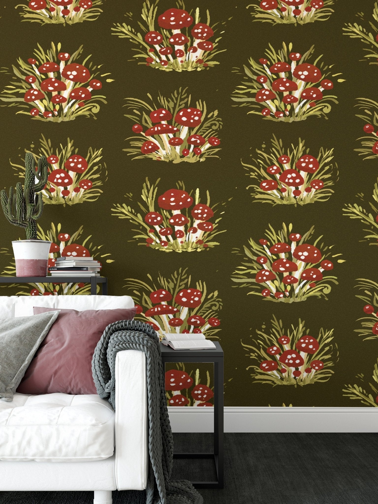 Nature-inspired millefleurs wallpaper with mushrooms in dark tones. RNM67
