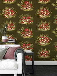 Nature-inspired millefleurs wallpaper with mushrooms in dark tones. RNM67
