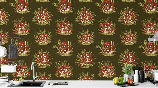 Sophisticated millefleurs dark wallpaper with mushrooms for cozy walls.
