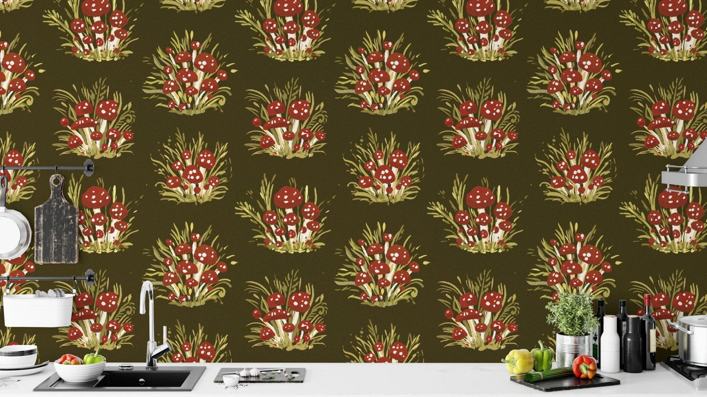 Sophisticated millefleurs dark wallpaper with mushrooms for cozy walls RNM67
