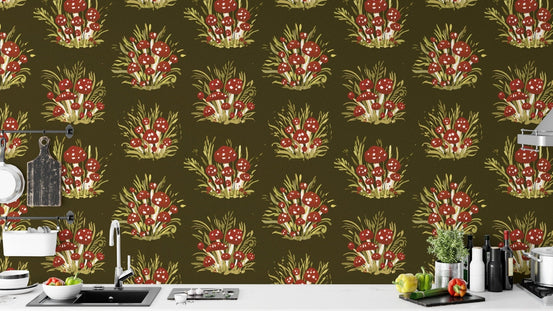 Sophisticated millefleurs dark wallpaper with mushrooms for cozy walls RNM67
